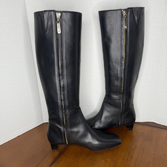 Frances Valentine Shoes - Frances Valentine Black Leather Square Toe Knee High Boots Side Zip Heel 6B